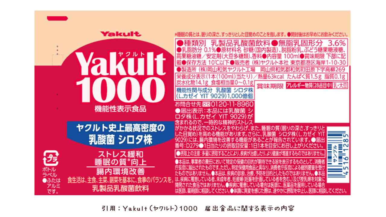 Ｙａｋｕｌｔ（ヤクルト）１０００　届出食品に関する表示の内容